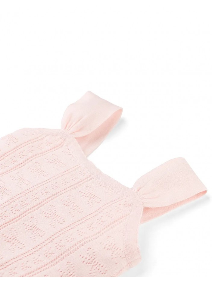 Sabrina Bow Pointelle Sleeves Top with Ribbed Hem