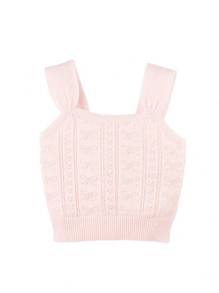 Sabrina Bow Pointelle Sleeves Top with Ribbed Hem