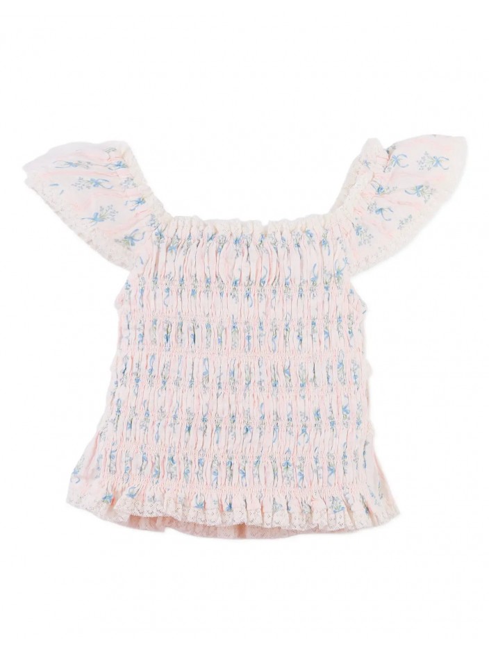 Nadia Floral Blouse with Tiered Eyelet Scallops and Ruffle Sleeves