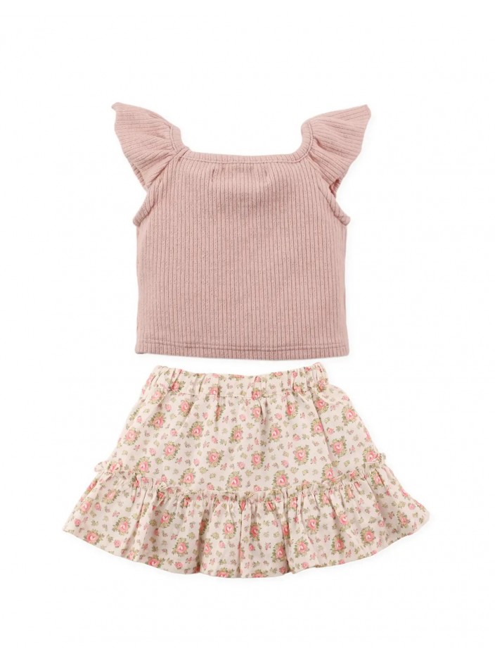 Baby Syndra Pointelle Top with Printed Skirt Set