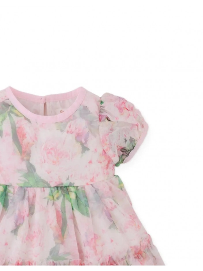 Baby Maxie Puffed Tiered Dress with All-Over Floral Print on Tulle