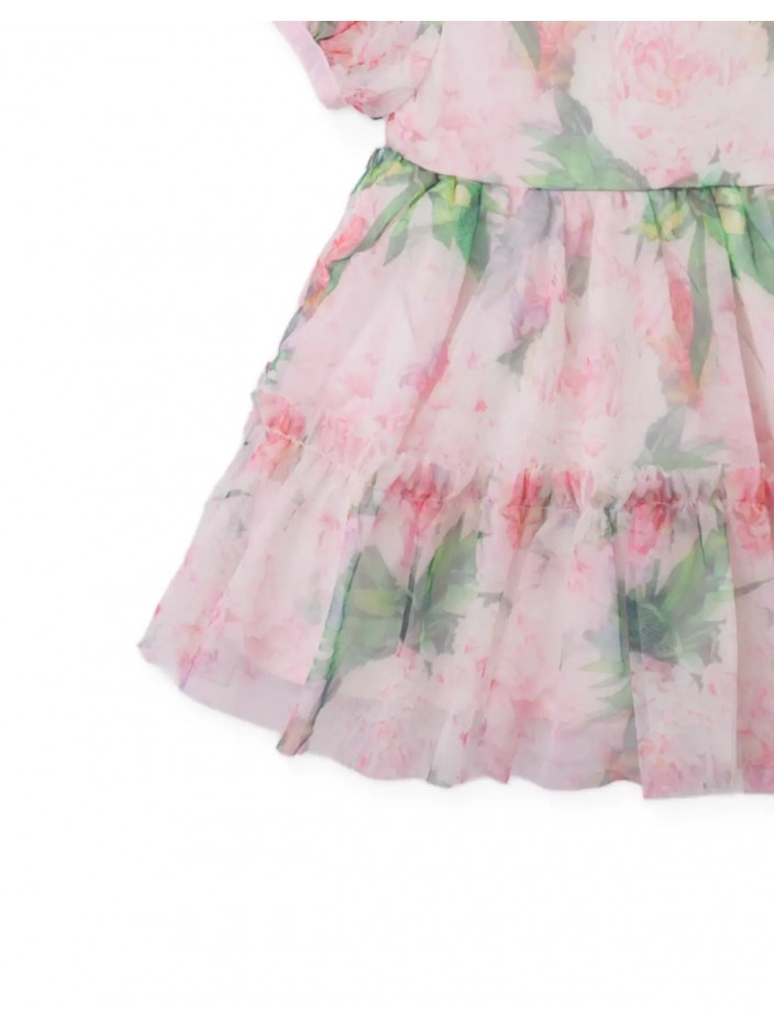 Baby Maxie Puffed Tiered Dress with All-Over Floral Print on Tulle