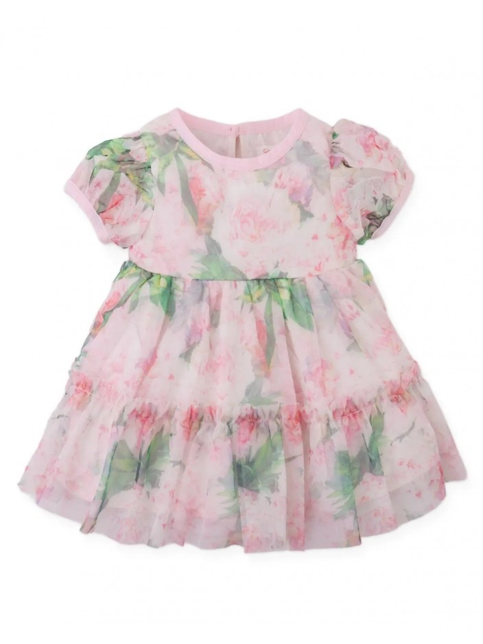 Baby Maxie Puffed Tiered Dress with All-Over Floral Print on Tulle