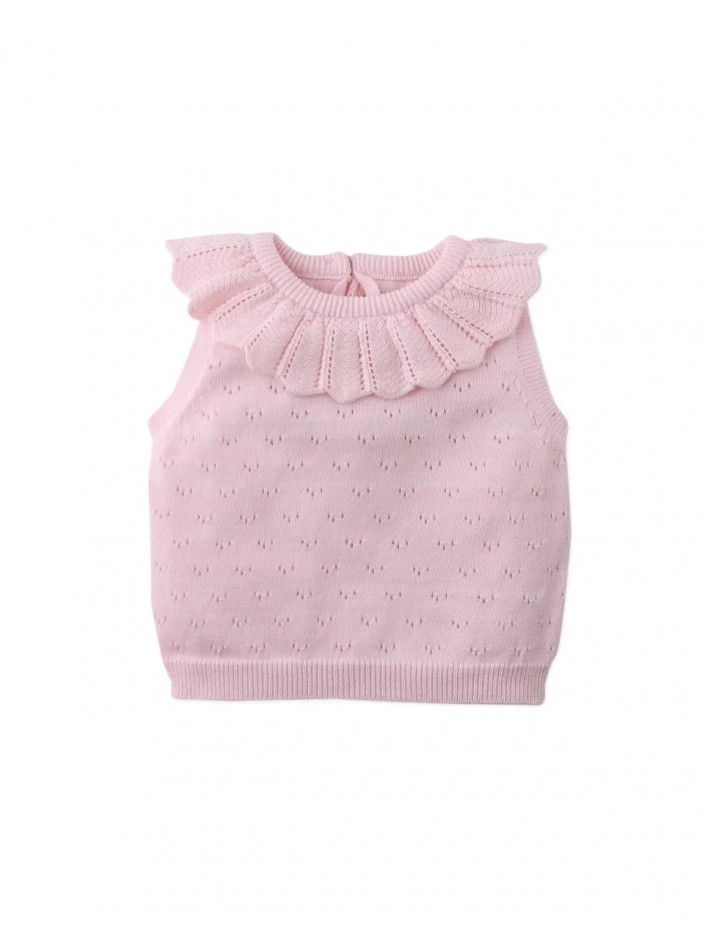 Baby Cerise Knitted Pointelle Top with Ruffled Collar