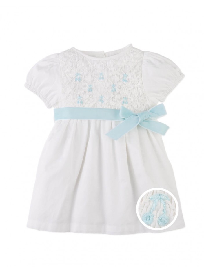 Baby Kienna Short Sleeves Smocked Dress with Belt and Bow Details