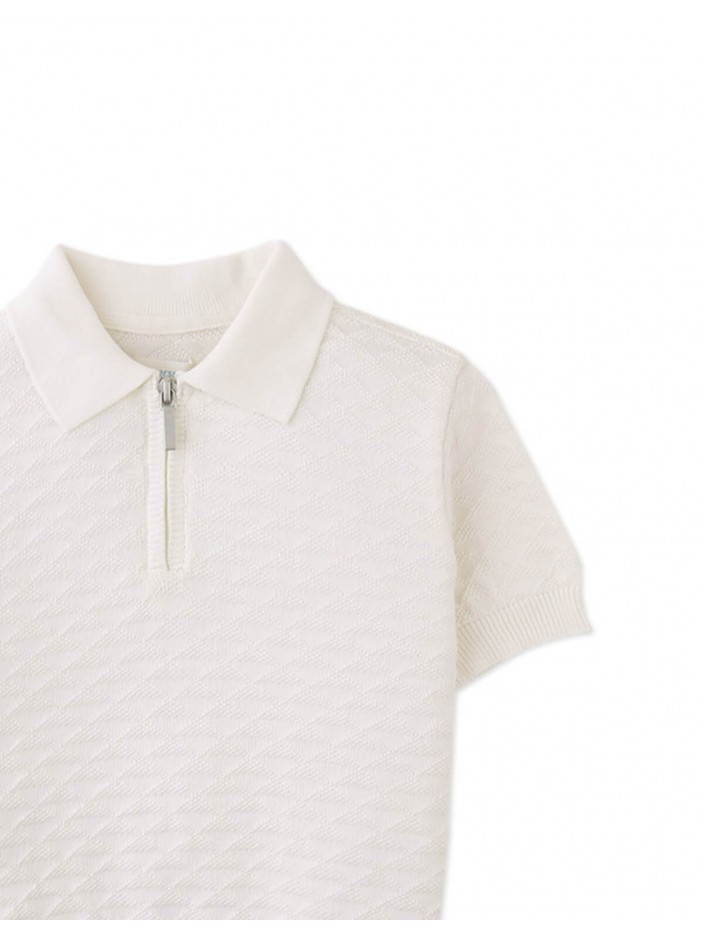 Ludwig Triangle Jacquard Knit Polo with Half- Zip and Ribbed Cuffs