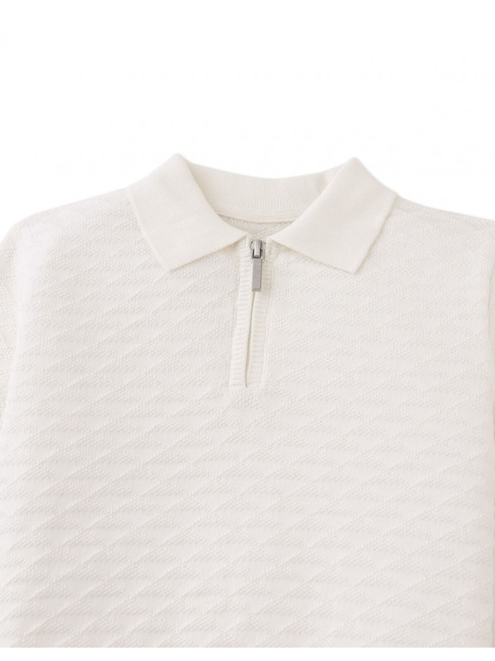 Ludwig Triangle Jacquard Knit Polo with Half- Zip and Ribbed Cuffs