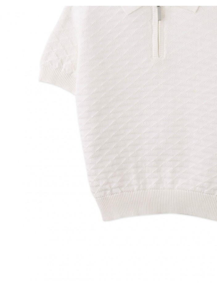 Ludwig Triangle Jacquard Knit Polo with Half- Zip and Ribbed Cuffs