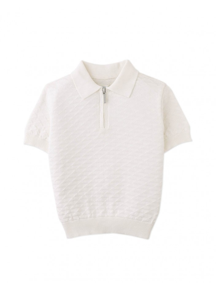 Ludwig Triangle Jacquard Knit Polo with Half- Zip and Ribbed Cuffs