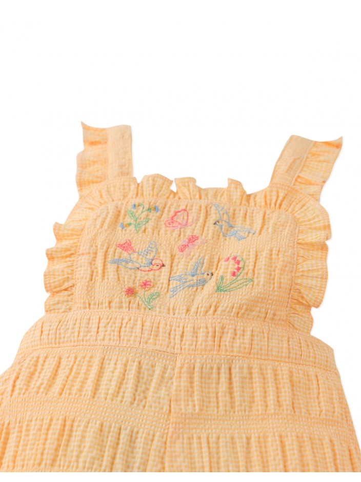 Baby Cocona Checkered Jumpsuit with Botanical Embroidery