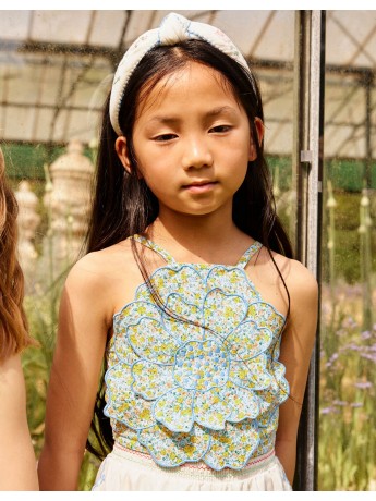 Eloise Halter Top in Multicolor with Large Flower Appliqué & Contrast Stitching