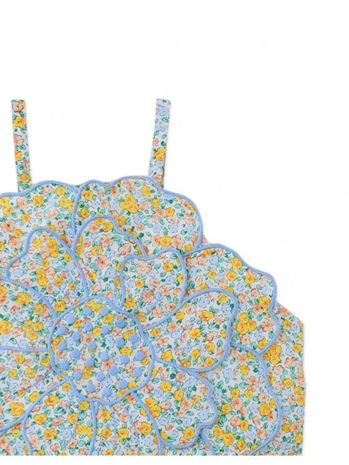 Eloise Halter Top in Multicolor with Large Flower Appliqué & Contrast Stitching