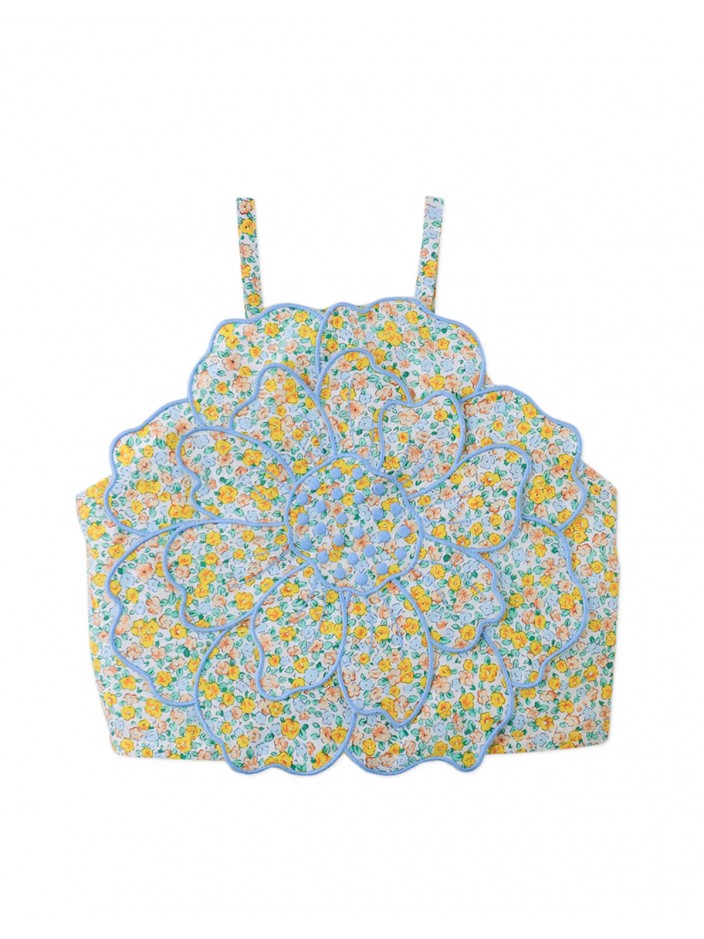 Eloise Halter Top in Multicolor with Large Flower Appliqué & Contrast Stitching