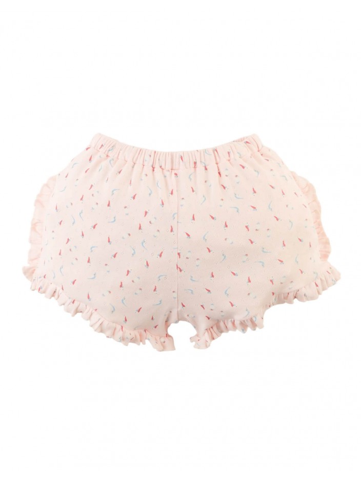 Dina Pointelle Shorts In Peach with All-Over Bird Print and Ruffles