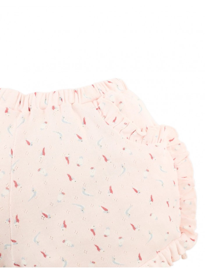 Dina Pointelle Shorts In Peach with All-Over Bird Print and Ruffles