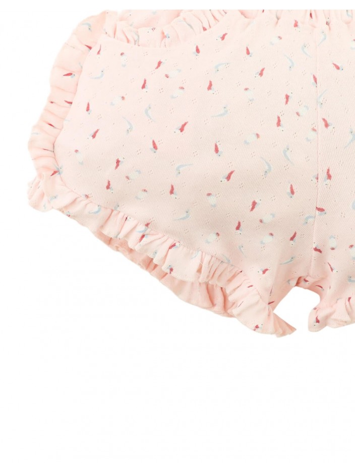 Dina Pointelle Shorts In Peach with All-Over Bird Print and Ruffles