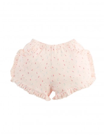 Dina Pointelle Shorts In Peach with All-Over Bird Print and Ruffles