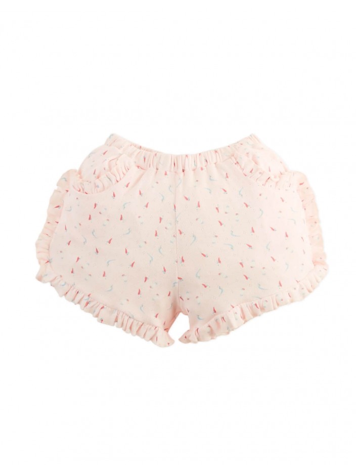 Dina Pointelle Shorts In Peach with All-Over Bird Print and Ruffles