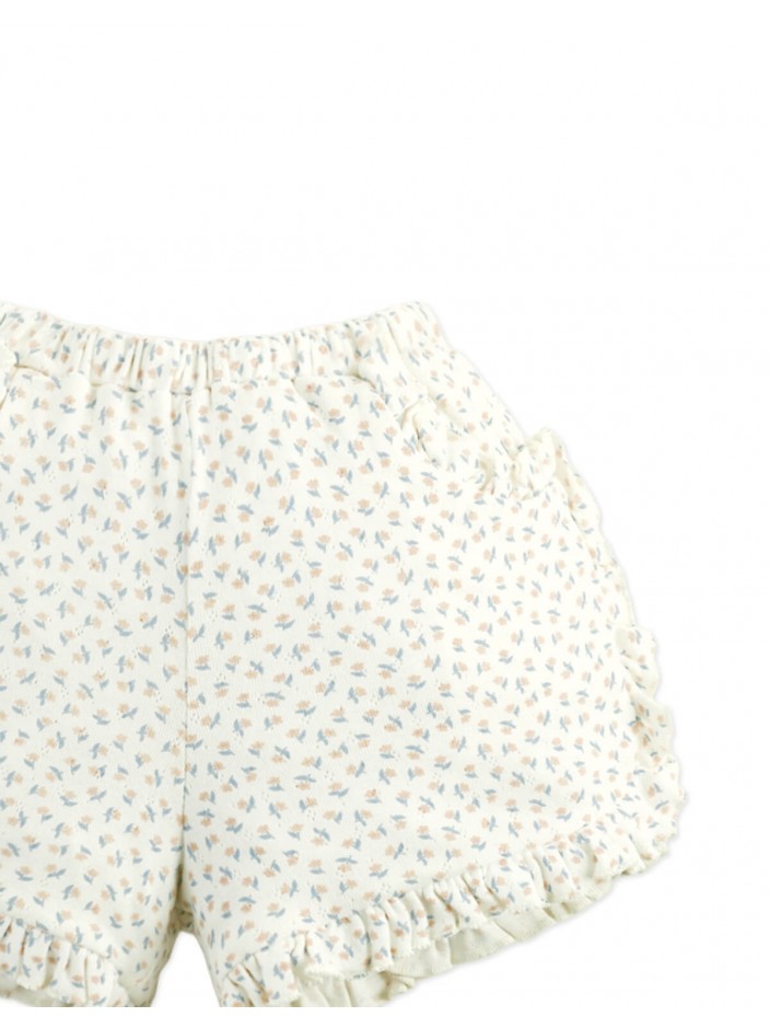 Dina Pointelle Shorts In Off-White with All-Over Floral Print and Ruffles