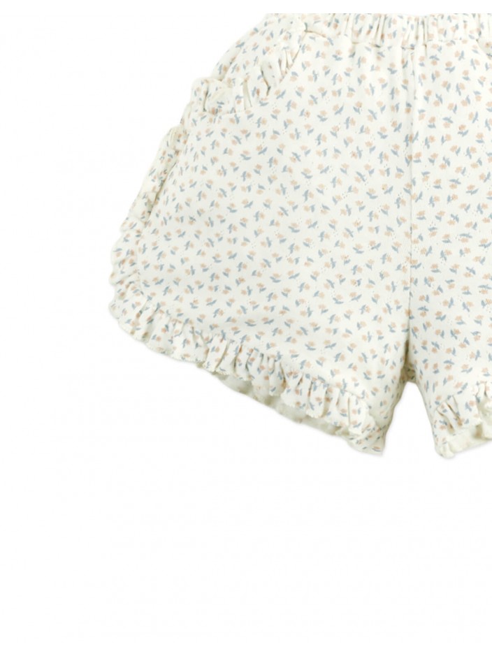 Dina Pointelle Shorts In Off-White with All-Over Floral Print and Ruffles