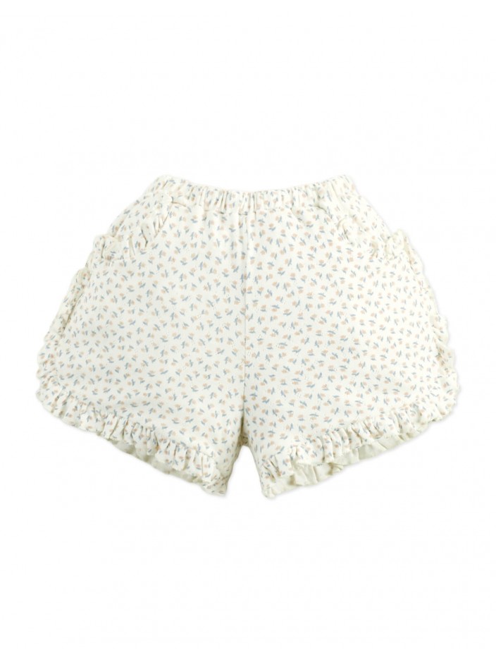 Dina Pointelle Shorts In Off-White with All-Over Floral Print and Ruffles