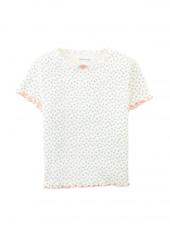 Anya Pointelle Tee With All-Over Floral Print and Satin Bow in Off-White