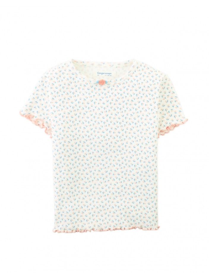 Anya Pointelle Tee With All-Over Floral Print and Satin Bow in Off-White