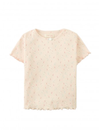 Anya Pointelle Tee With All-Over Floral Print and Satin Bow in Peach