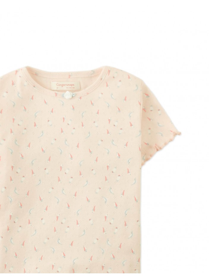 Anya Pointelle Tee With All-Over Floral Print and Satin Bow in Peach