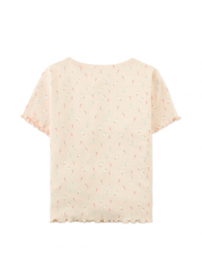 Anya Pointelle Tee With All-Over Floral Print and Satin Bow in Peach