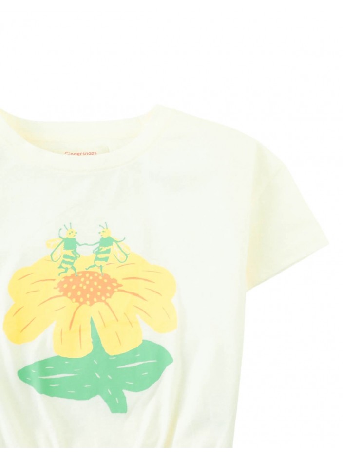 Anika Graphic Tee with Elastic Hem and Floral Bee Print