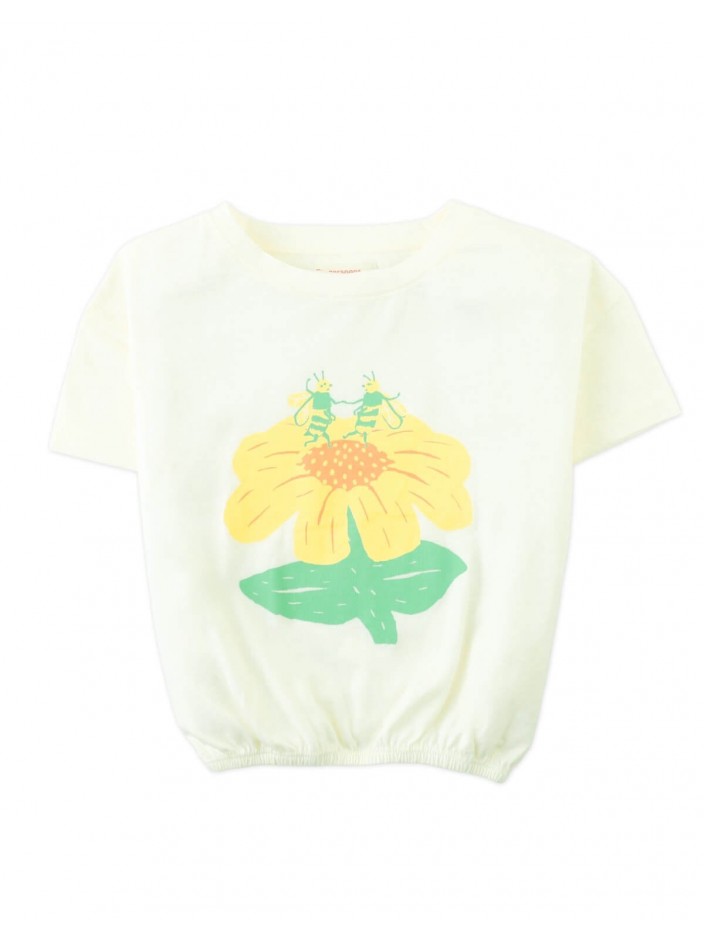 Anika Graphic Tee with Elastic Hem and Floral Bee Print