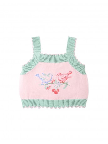 Baby Rosé Combed Cotton Knit Top with Cross-Stitch Embroidery