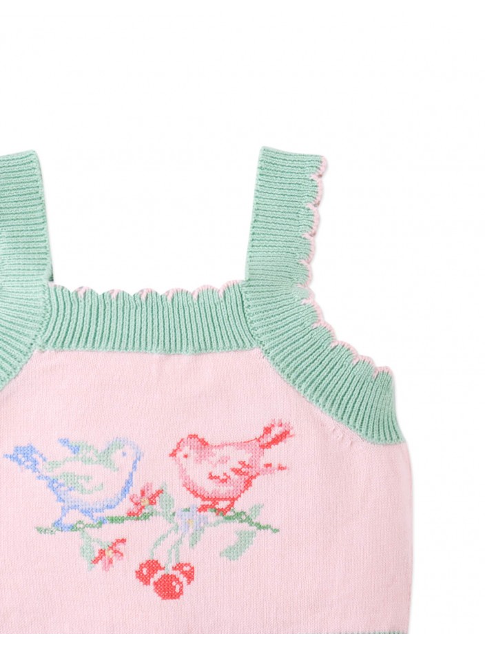 Baby Rosé Combed Cotton Knit Top with Cross-Stitch Embroidery