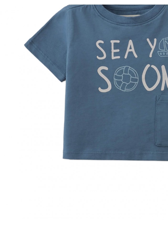Baby Andre Graphic Tee with "Sea Ya Soon" Print and Side Patch Pocket