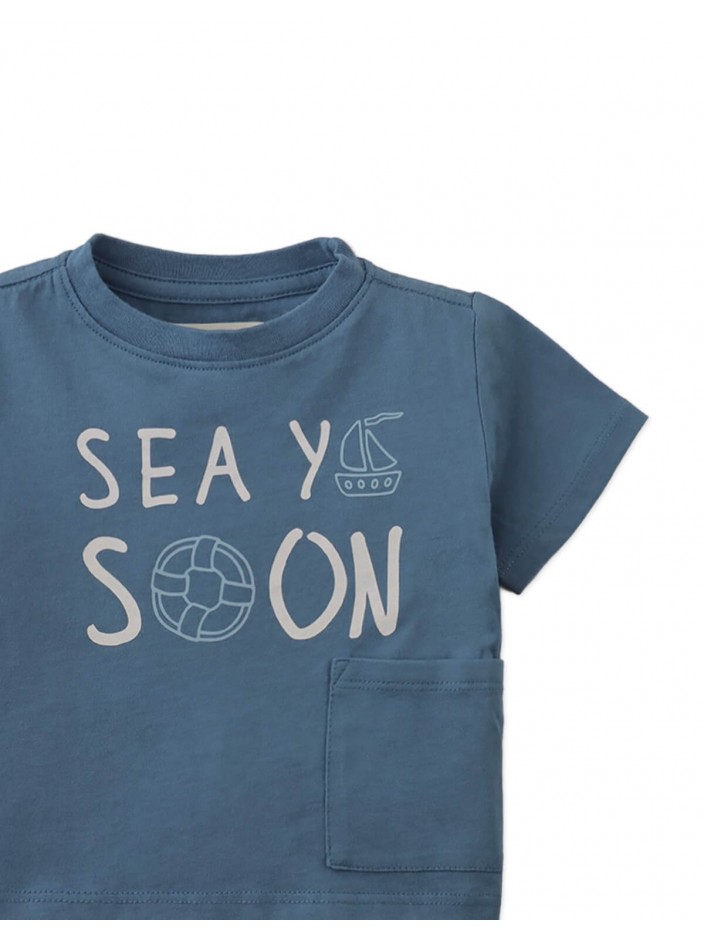 Baby Andre Graphic Tee with "Sea Ya Soon" Print and Side Patch Pocket