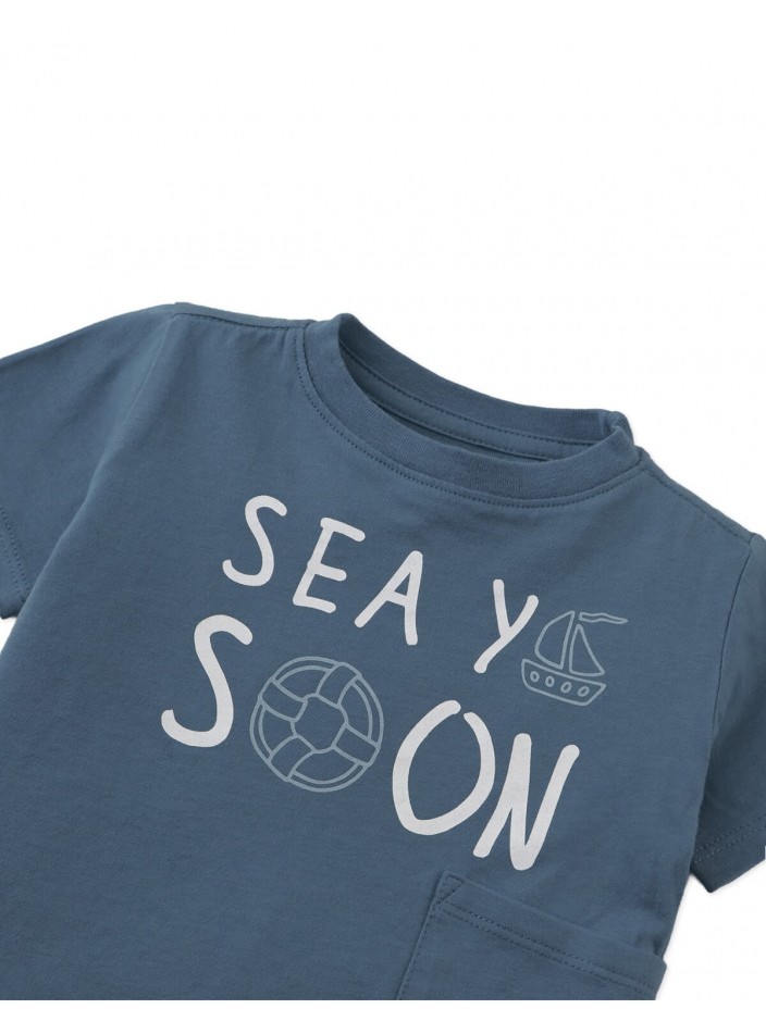Baby Andre Graphic Tee with "Sea Ya Soon" Print and Side Patch Pocket