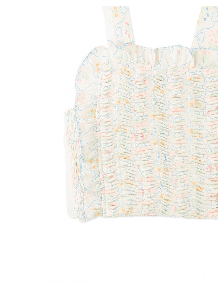 Martina Trellis Print Smocked Top with Wide Straps & Ruffles