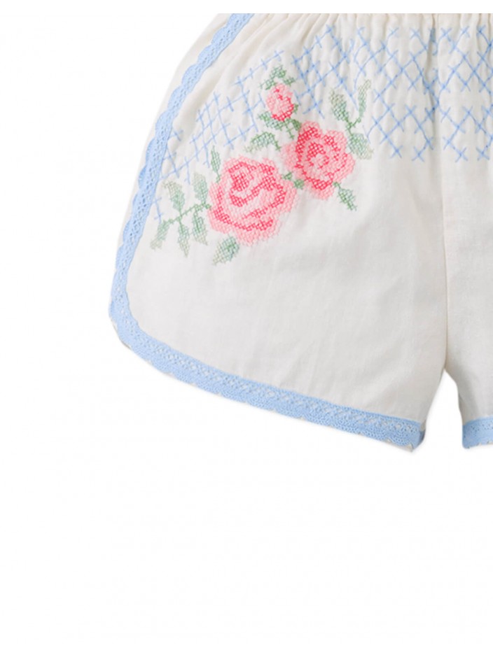 Nelly Cross- Stitch Shorts with Lace Trims