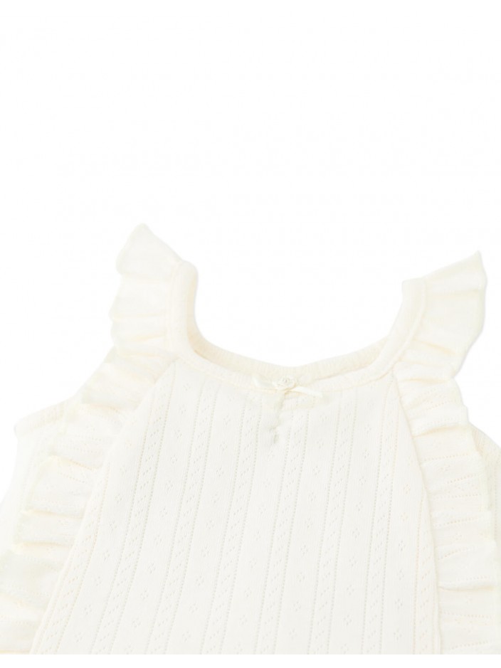 Baby Freyja Diamond Row Pointelle Jersey Knit with Ruffles & Rosette Details