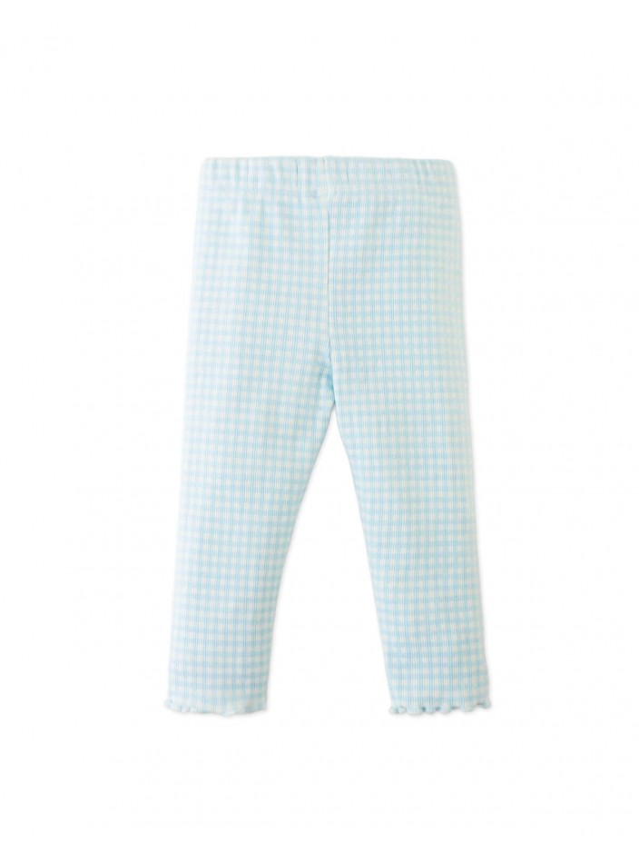 Fitted Leggings with All-Over Blue Gingham Print and Lettuce-Edge Hem