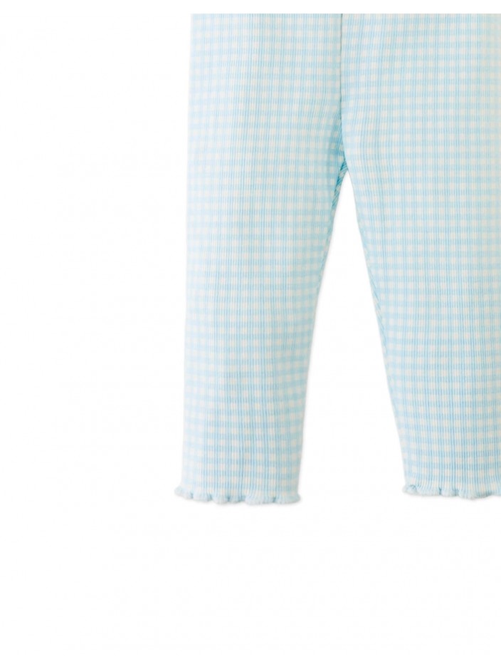 Fitted Leggings with All-Over Blue Gingham Print and Lettuce-Edge Hem
