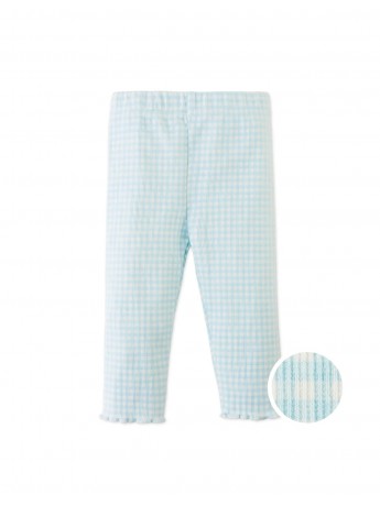 Fitted Leggings with All-Over Blue Gingham Print and Lettuce-Edge Hem