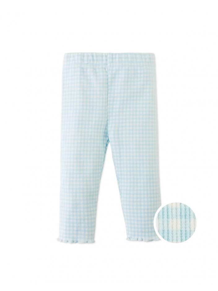 Fitted Leggings with All-Over Blue Gingham Print and Lettuce-Edge Hem
