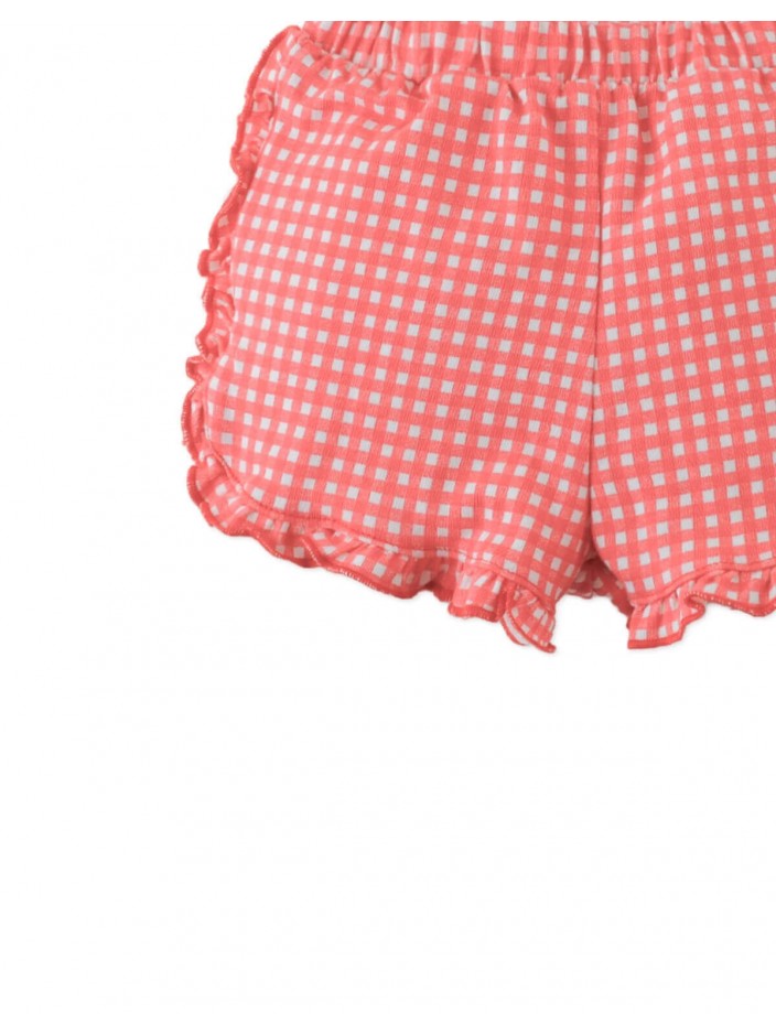 Jersey Shorts with Ruffles and All-Over Gingham Print