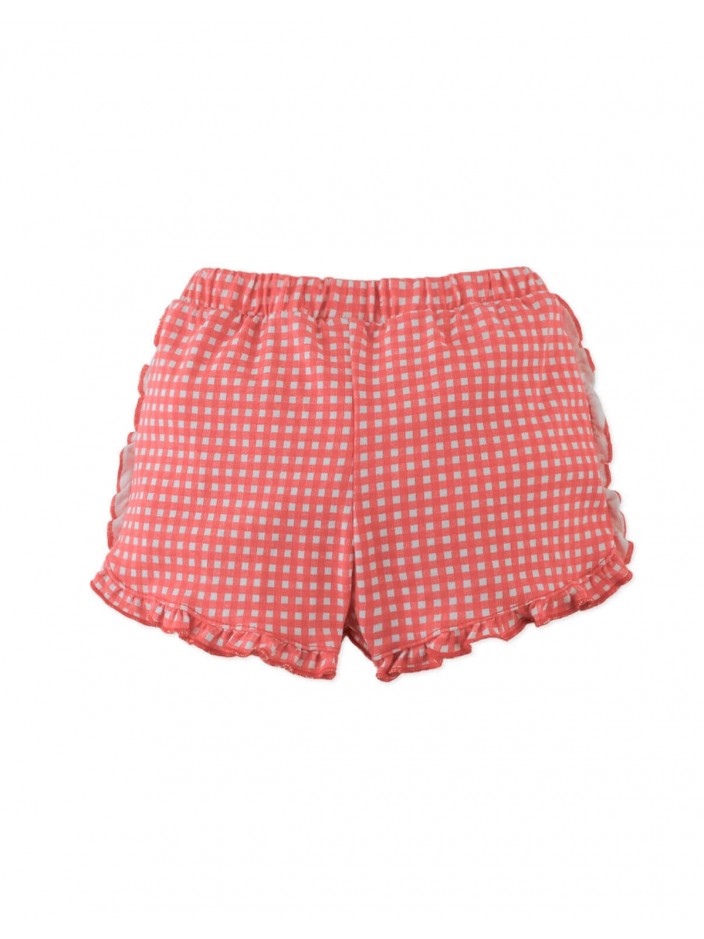 Jersey Shorts with Ruffles and All-Over Gingham Print