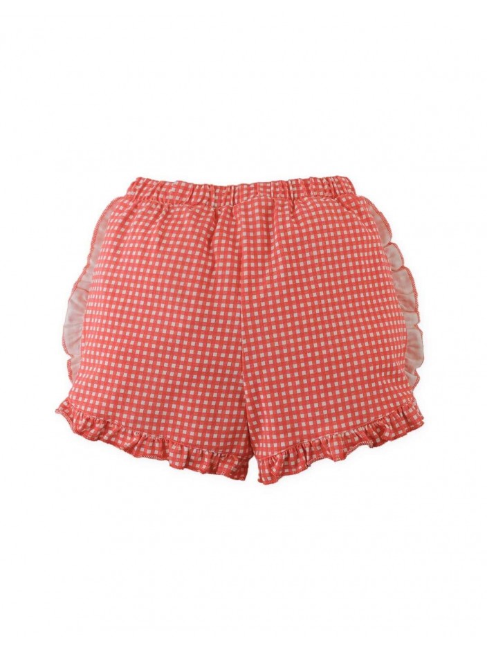 Jersey Shorts with Ruffles and All-Over Gingham Print