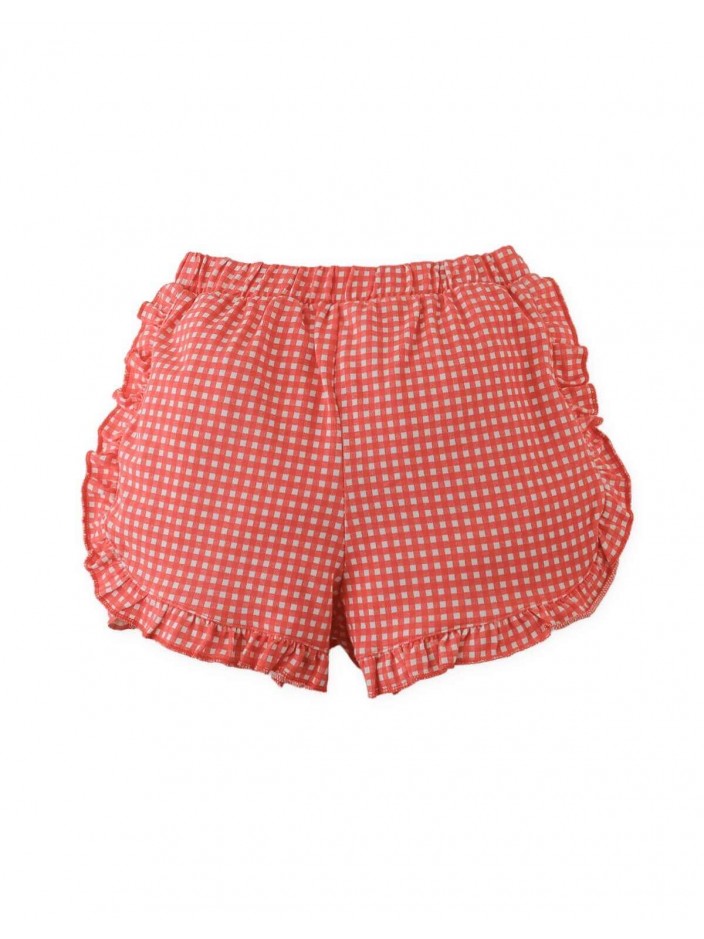 Jersey Shorts with Ruffles and All-Over Gingham Print