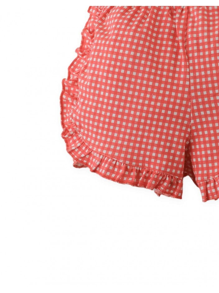 Jersey Shorts with Ruffles and All-Over Gingham Print