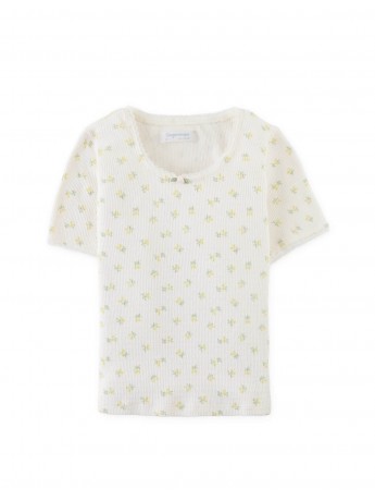Flower Print Ribbed Crop Top with Set-in Lace and Rosette